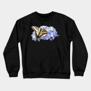 Yellow Swallowtail Butterfly on Blue Hydrangea Flower Crewneck Sweatshirt